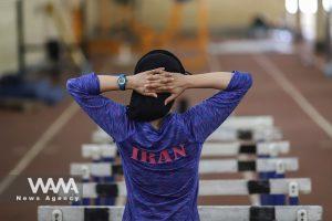 Farzaneh Fasihi, an Iranian sprinter at the Tokyo Olympics, is training at a stadium in Tehran, Iran July 2, 2021. Majid Asgaripour/WANA (West Asia News Agency)