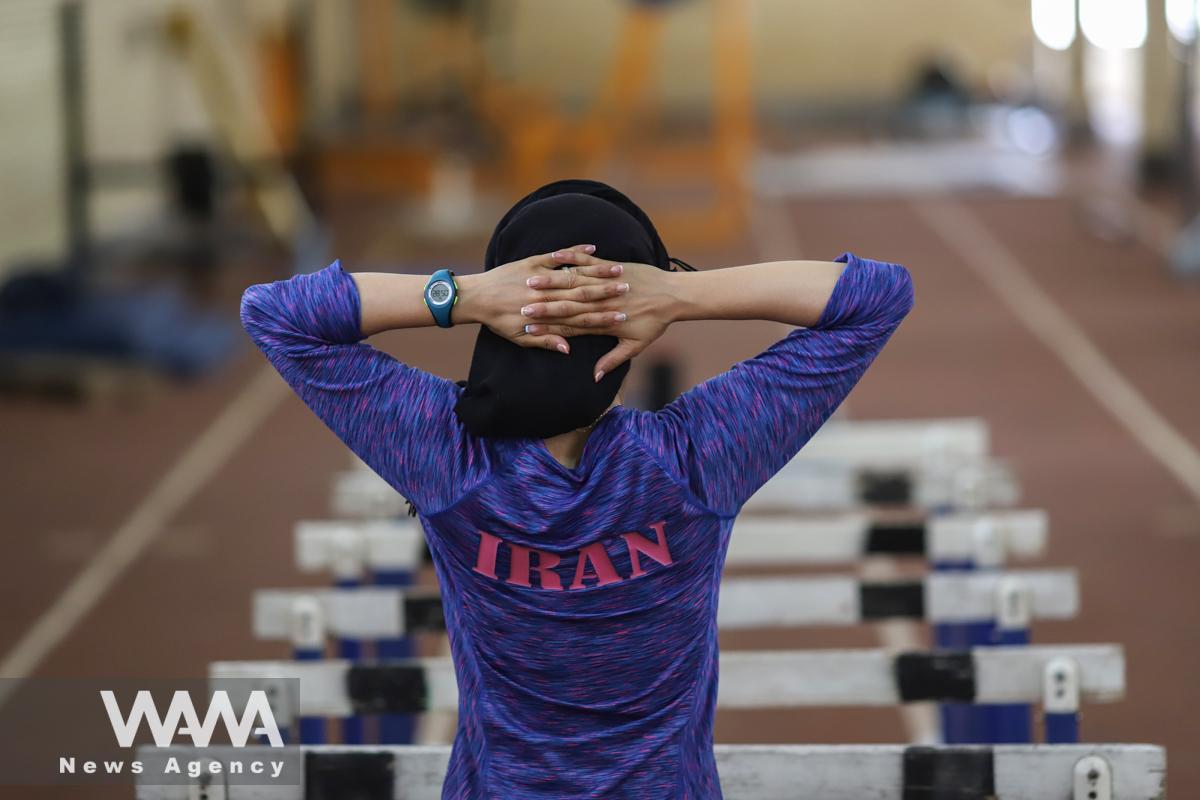 Farzaneh Fasihi, an Iranian sprinter at the Tokyo Olympics, is training at a stadium in Tehran, Iran July 2, 2021. Majid Asgaripour/WANA (West Asia News Agency)