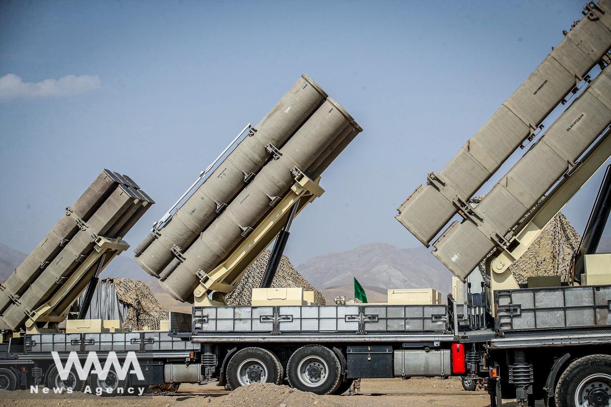 Iranian missile systems are seen during the IRGC ground forces military drill in the Aras area, eastern Azerbaijan province, Iran, October 17, 2022. IRGC/WANA (West Asia News Agency)