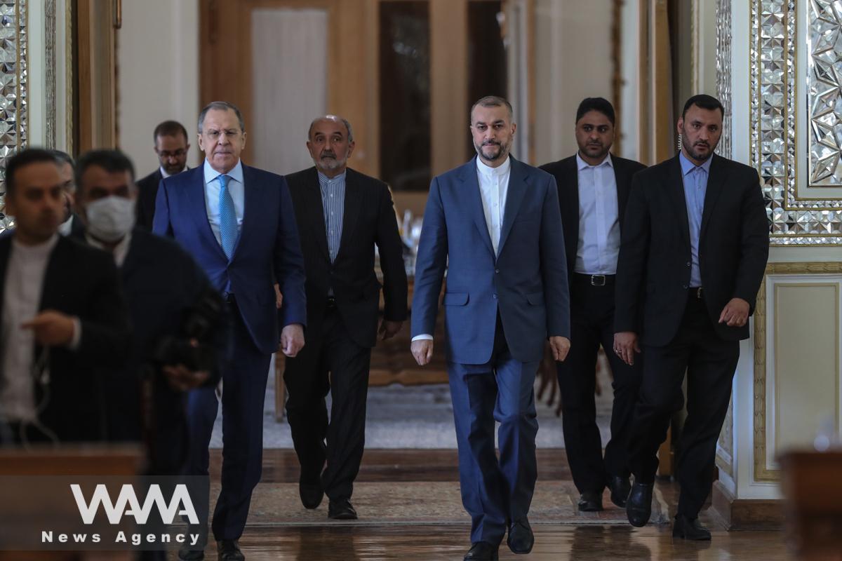 Iran's Foreign Minister Hossein Amir-Abdollahian and Russia's Foreign Minister Sergei Lavrov enter a hall during a joint news conference in Tehran, Iran June 23, 2022. Majid Asgaripour/WANA (West Asia News Agency)
