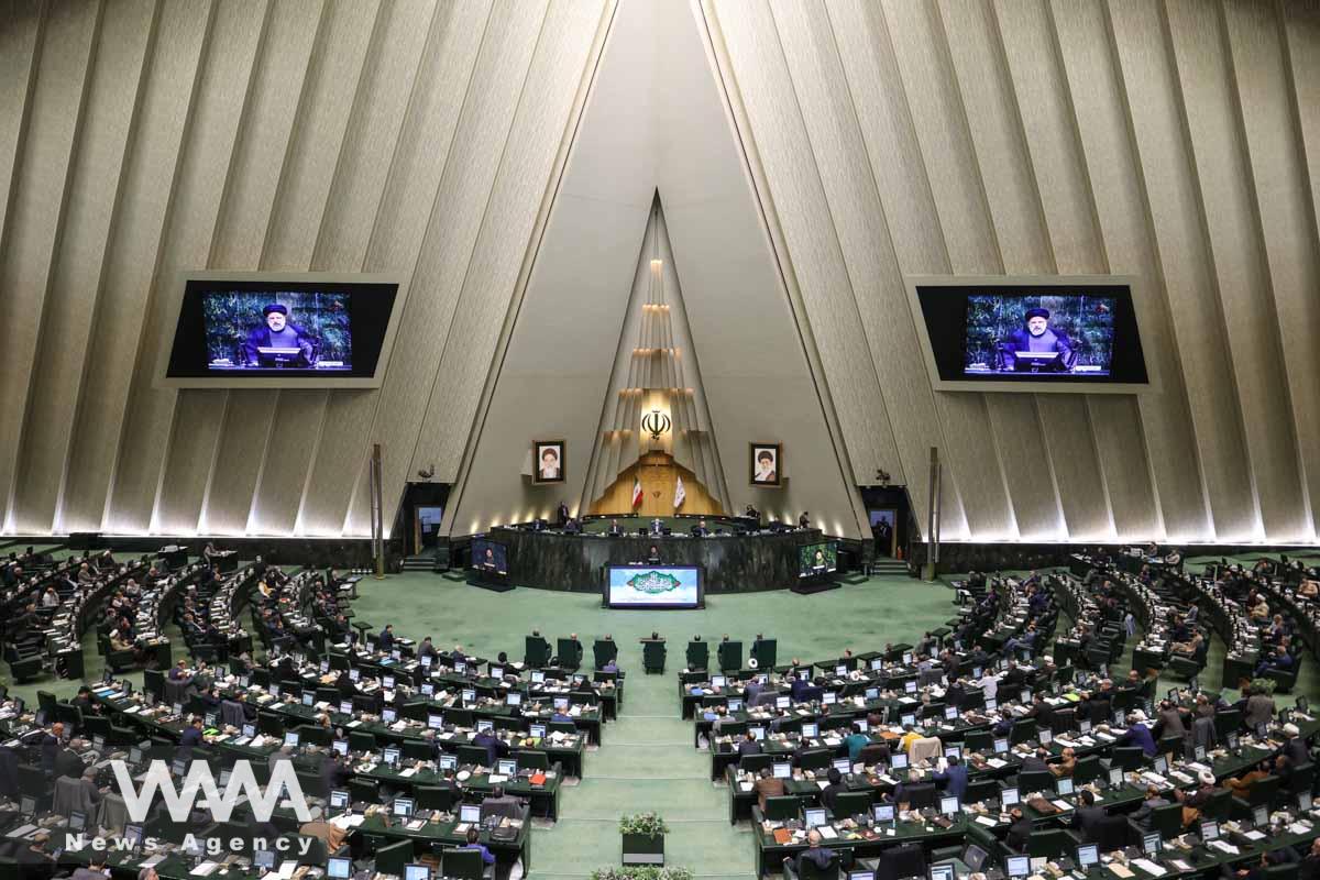 Iranian President Ebrahim Raisi speaks while presenting the Iranian New Year budget during the parliament session in Tehran, Iran, January 11, 2023. Majid Asgaripour/WANA (West Asia News Agency)