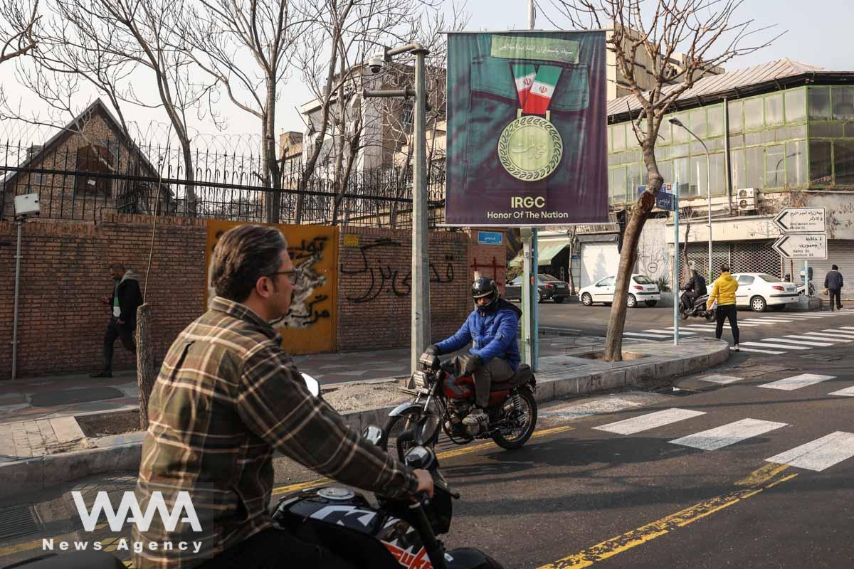 A banner in support of the IRGC is seen in front of the British Embassy in Tehran, Iran January 25, 2023. Majid Asgaripour/WANA (West Asia News Agency)