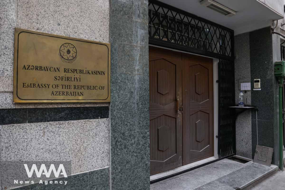 The sign of the Embassy of the Republic of Azerbaijan is seen after an attack on it in Tehran, Iran, January 27, 2023. Majid Asgaripour/WANA (West Asia News Agency)