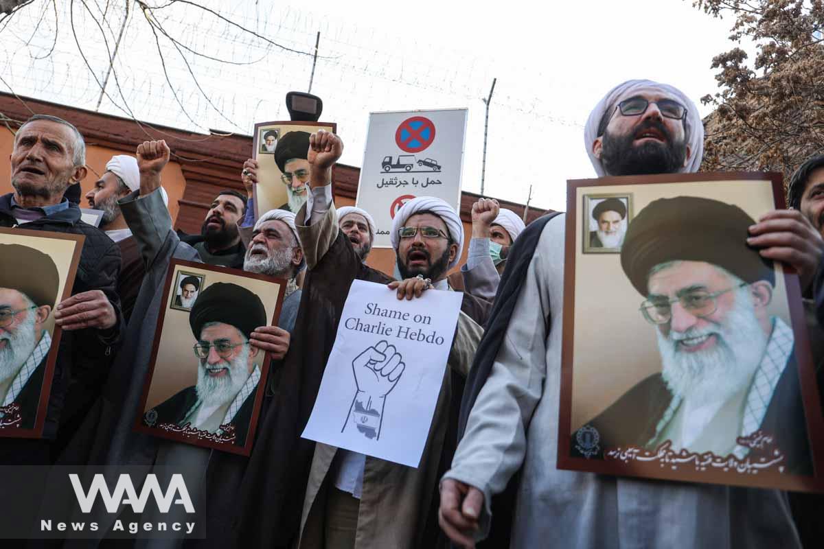 Iranian clerics chant during a protest to condemn the French magazine Charlie Hebdo for republishing cartoons insulting Iran's Supreme Leader Ayatollah Ali Khamenei, in front of the French Embassy in Tehran, Iran, January 8, 2023. Majid Asgaripour/WANA (West Asia News Agency)