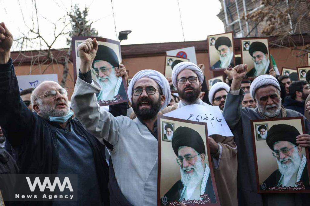 Iranian clerics chant during a protest to condemn the French magazine Charlie Hebdo for republishing cartoons insulting Iran's Supreme Leader Ayatollah Ali Khamenei, in front of the French Embassy in Tehran, Iran, January 8, 2023. Majid Asgaripour/WANA (West Asia News Agency)
