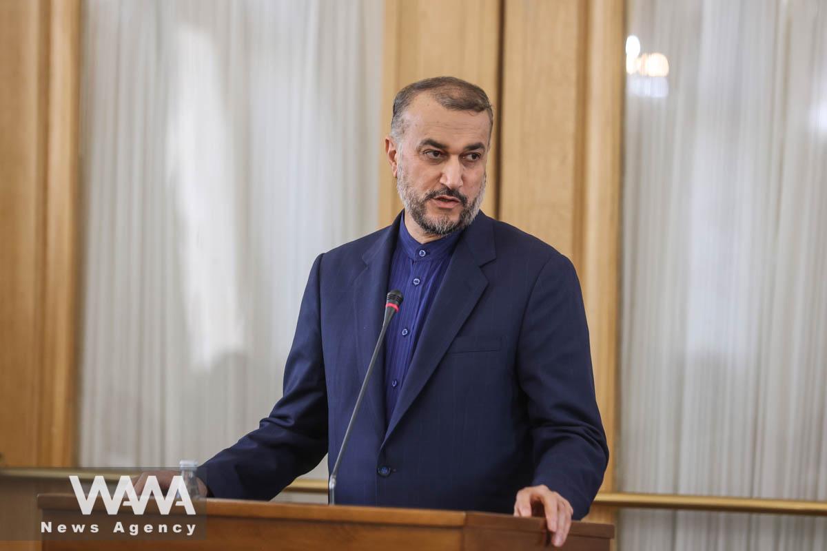 Iran's Foreign Minister Hossein Amir-Abdollahian speaks during a joint news conference with Qatari Deputy Prime Minister and Foreign Minister Sheikh Mohammed bin Abdulrahman Al Thani (not pictured), in Tehran, Iran January 29, 2023. Majid Asgaripour/WANA (West Asia News Agency)