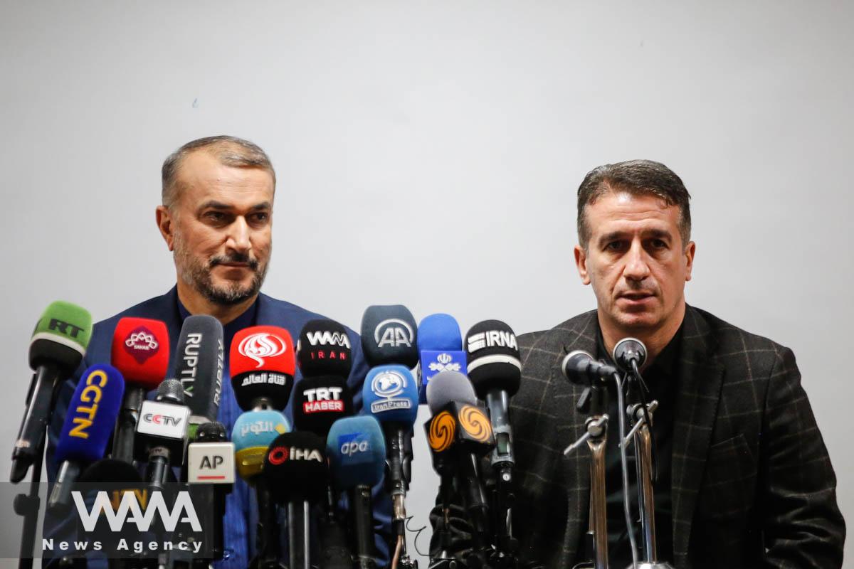 Iran's Foreign Minister Hossein Amir-Abdollahian and ambassador of Azerbaijan to Iran Ali Alizada attend a joint news conference in Tajrish hospital in Tehran, Iran, January 27, 2023. WANA (West Asia News Agency)