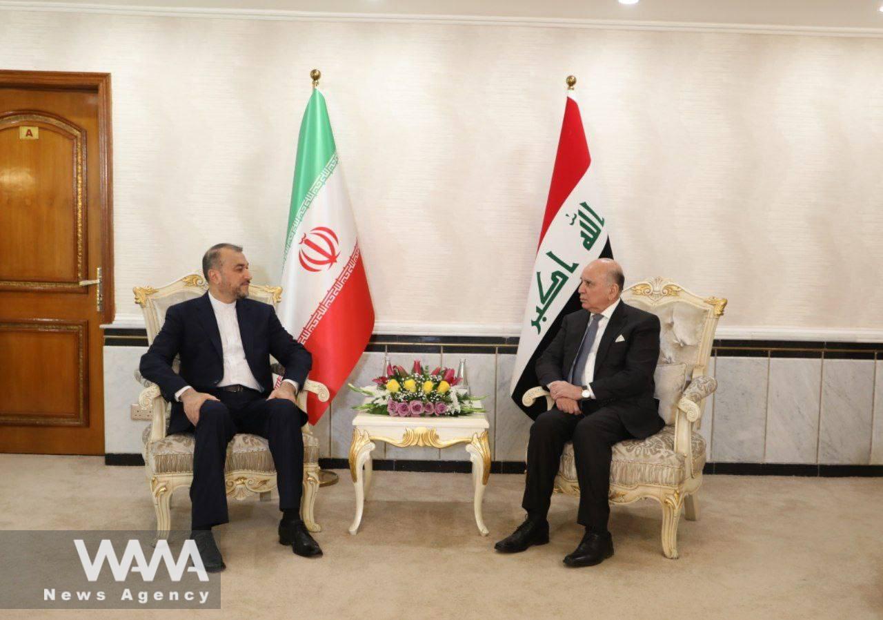 mir Abdollahian Iranian FM and Iraqi FM, Fuad Hussein met each other in Baghdad . Feb 2023. Handout / WANA News Agency