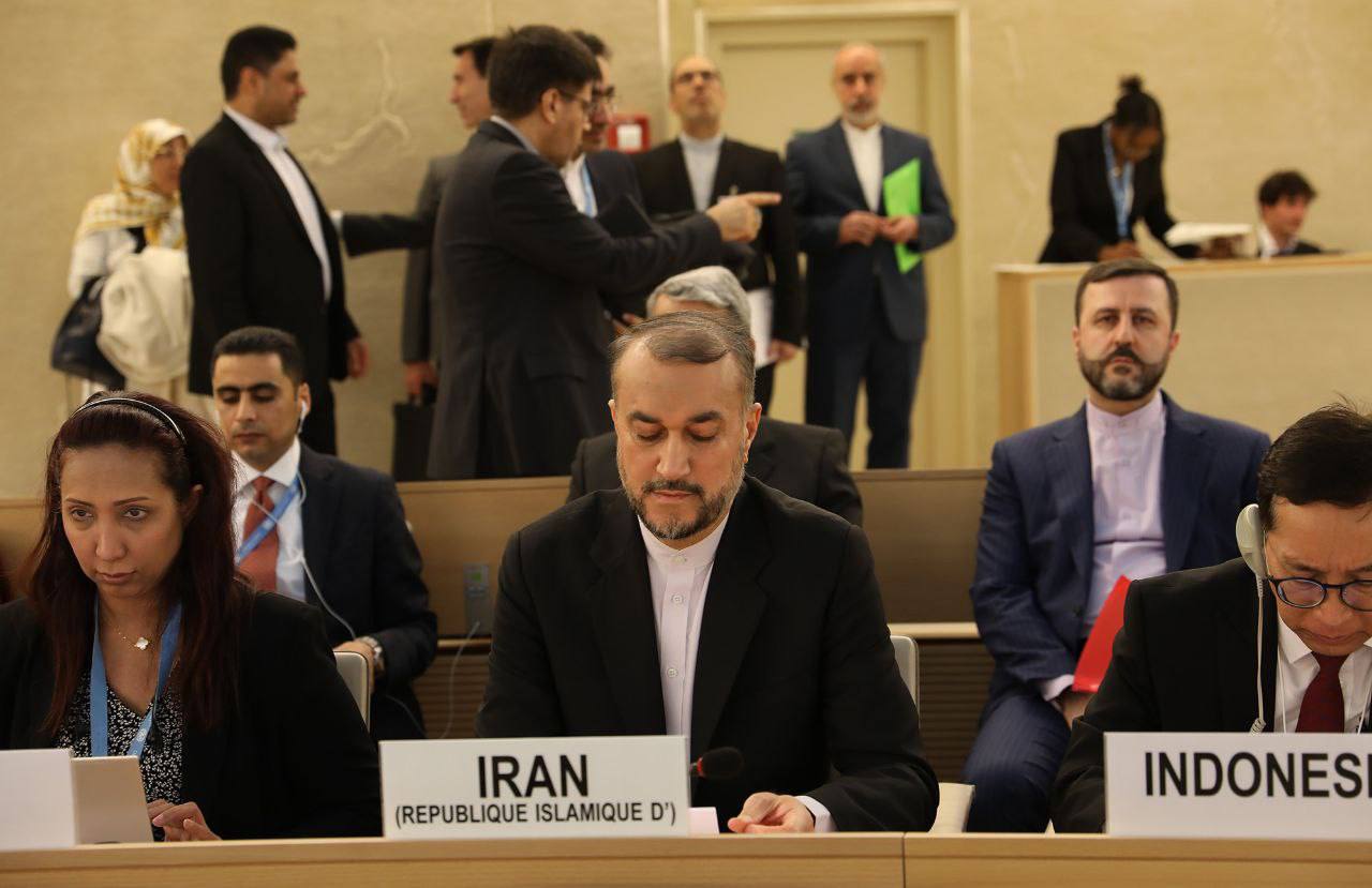 The speech of Dr. Hossein Amirabdollahian, Minister of Foreign Affairs of Iran, at the 52nd session of the United Nations Human Rights Council in Geneva. Feb 27,2023. Iran FM office / WANA News Agency
