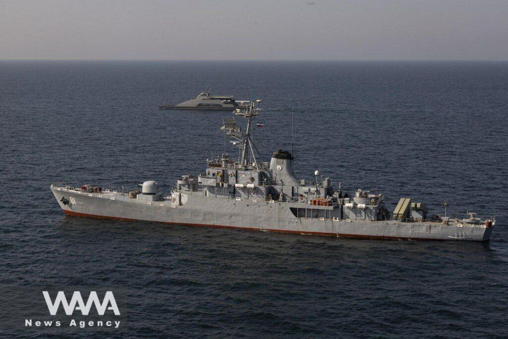warships are seen during a joint naval military drill between Iran, Russia, and China in the sea of Oman, Iran March 16, 2023. Iranian Army/WANA (West Asia News Agency)