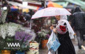 An Iranian woman walks through rain in a flower market, ahead of Nowruz, the Iranian New Year, in Tehran, Iran March 16, 2023. Majid Asgaripour/WANA (West Asia News Agency)