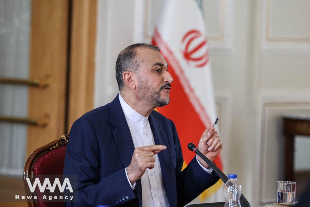 Iranian Foreign Minister Hossein Amirabdollahian speaks during a news conference in Tehran, Iran March 19, 2023. Majid Asgaripour/WANA (West Asia News Agency)