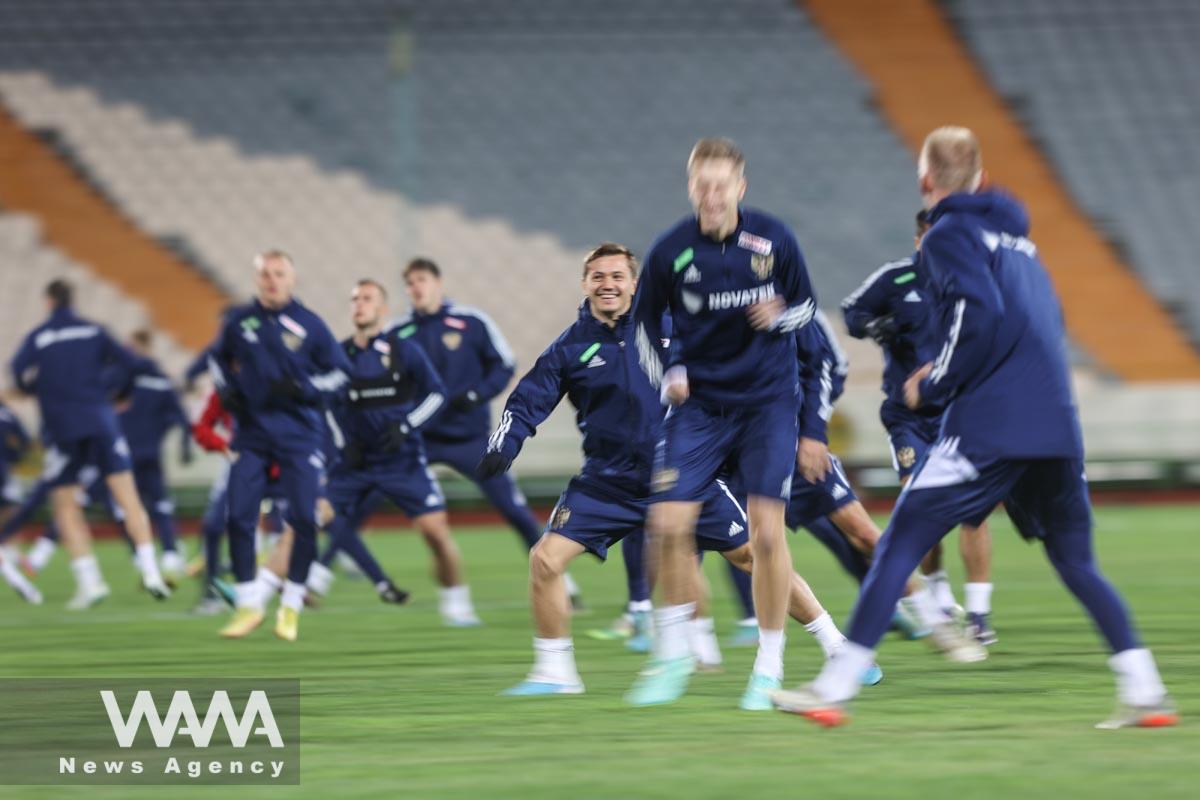 Russian national football team players attend their team's training at Azadi Stadium in Tehran, Iran March 22, 2023. Majid Asgaripour/WANA (West Asia News Agency)
