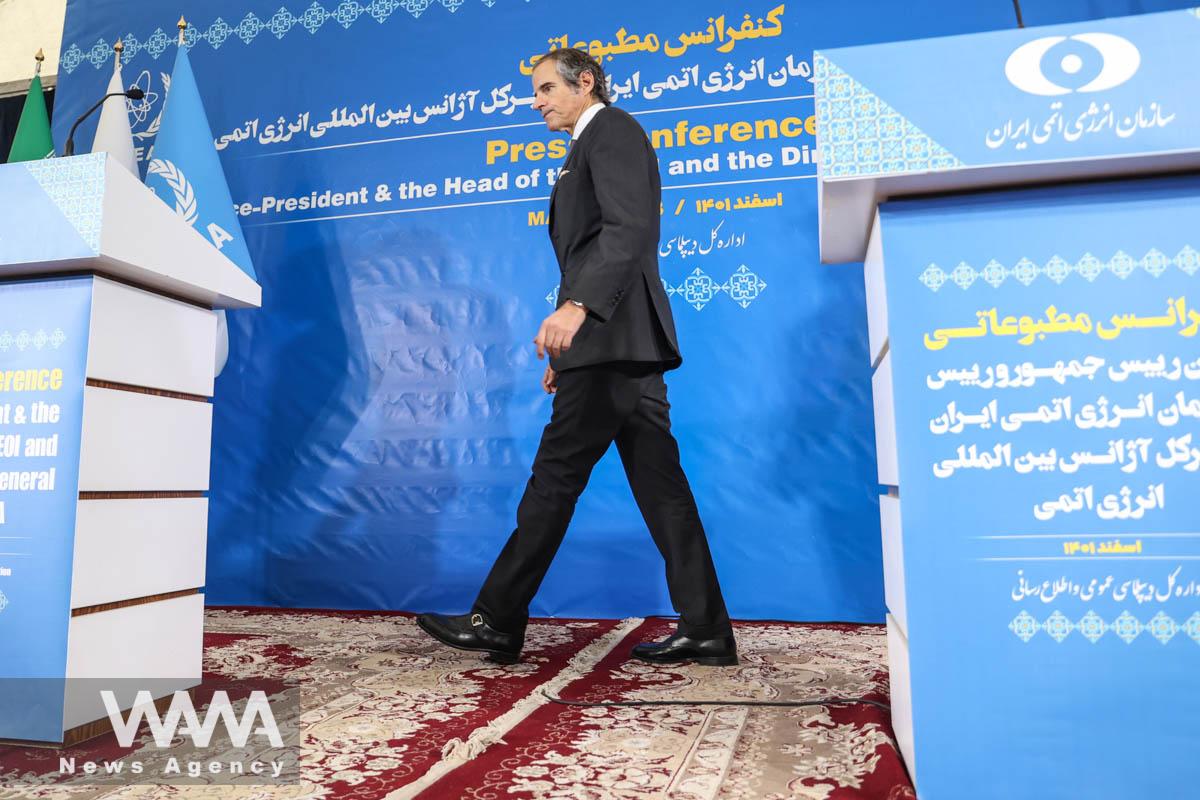 Head of Iran's Atomic Energy Organization Mohammad Eslami and International Atomic Energy Agency (IAEA) Director General Rafael Grossi arrive at a news conference, in Tehran, Iran, March 4, 2023. Majid Asgaripour/WANA (West Asia News Agency)