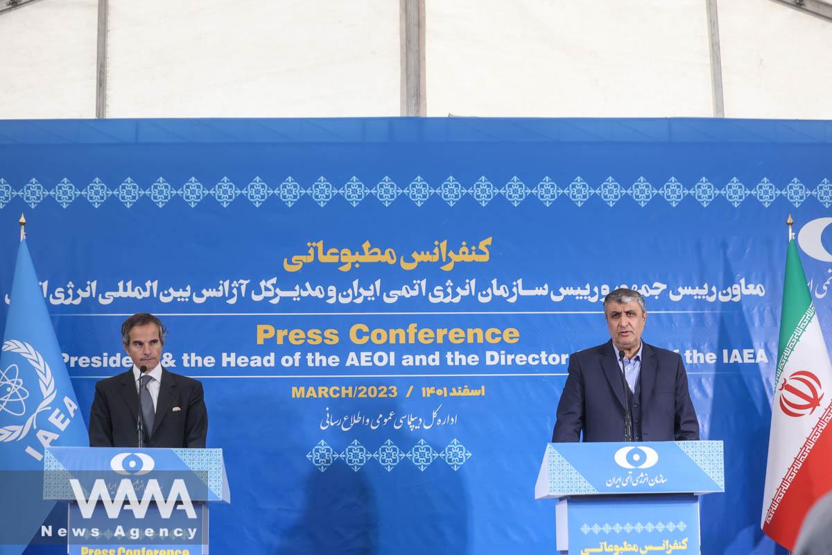 Head of Iran's Atomic Energy Organization Mohammad Eslami and International Atomic Energy Agency (IAEA) Director General Rafael Grossi attend a news conference, in Tehran, Iran, March 4, 2023 Majid Asgaripour/WANA (West Asia News Agency)