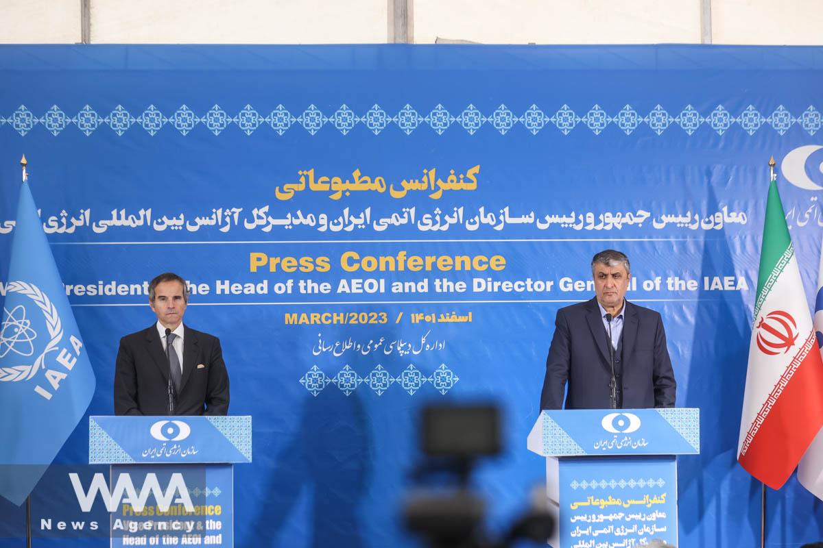 Head of Iran's Atomic Energy Organization Mohammad Eslami and International Atomic Energy Agency (IAEA) Director General Rafael Grossi attend a news conference, in Tehran, Iran, March 4, 2023 Majid Asgaripour/WANA (West Asia News Agency)