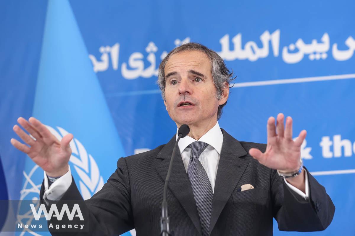International Atomic Energy Agency (IAEA) Director General Rafael Grossi gestures during a news conference with Head of Iran's Atomic Energy Organization Mohammad Eslami as they meet in Tehran, Iran, March 4, 2023. Majid Asgaripour/WANA (West Asia News Agency)