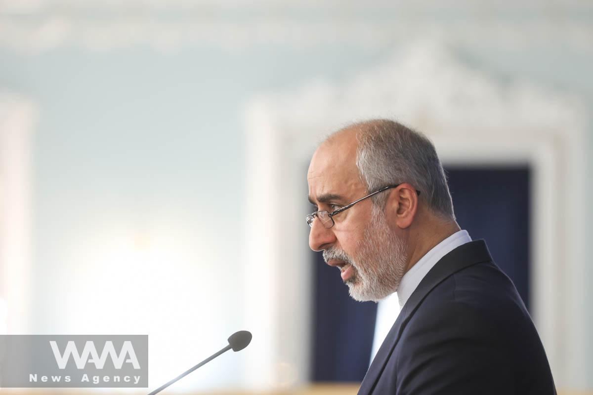 Iranian Foreign Ministry Spokesman Naser Kanaani speaks in his weekly press conference in Tehran, Iran, March 13, 2023. Majid Asgaripour/WANA (West Asia News Agency)