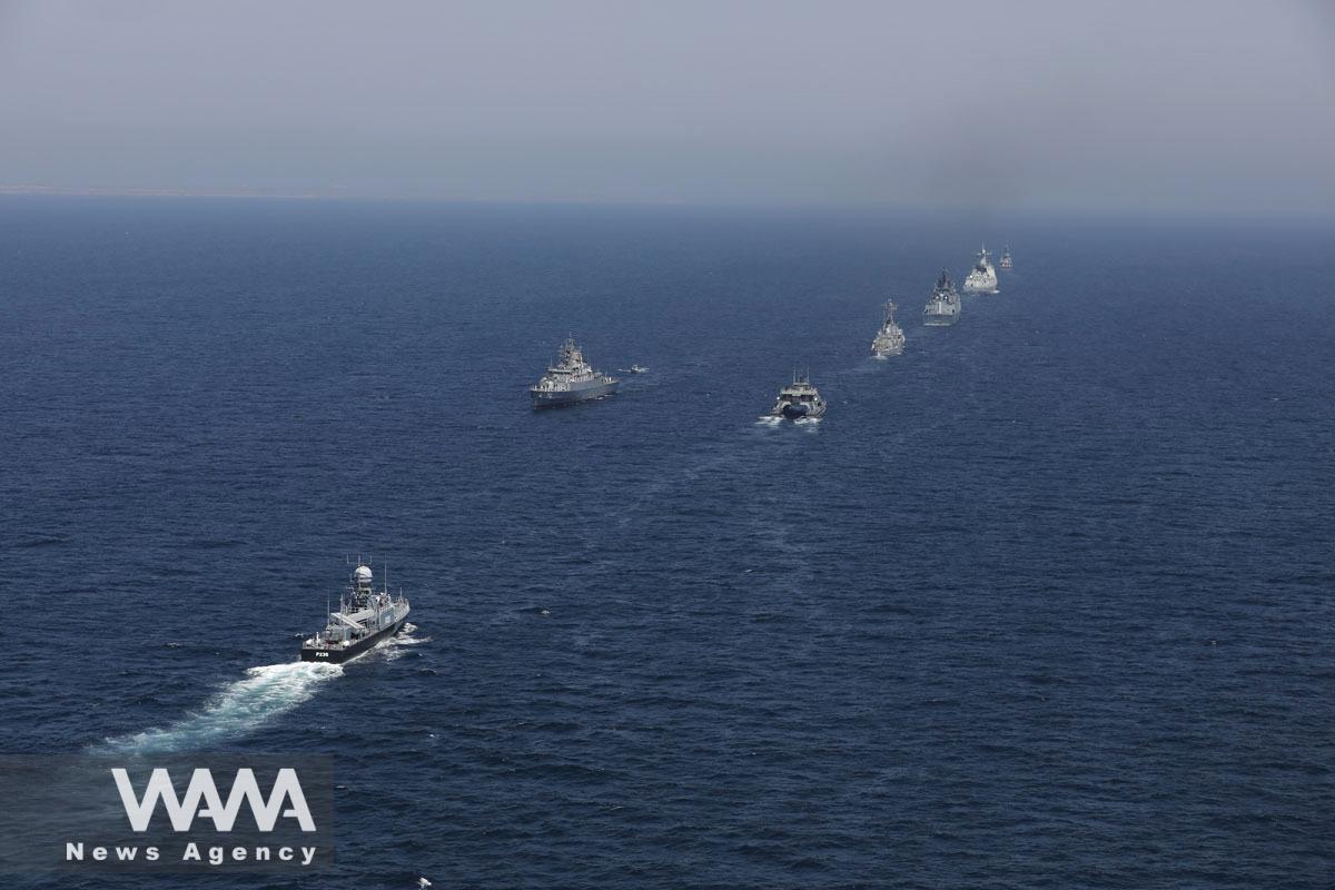 Warships take part in the closing parade of a joint naval military drill between Iran, Russia, and China in the Gulf of Oman, Iran, in this picture obtained by Reuters on March 18, 2023. Iranian Army/WANA (West Asia News Agency)