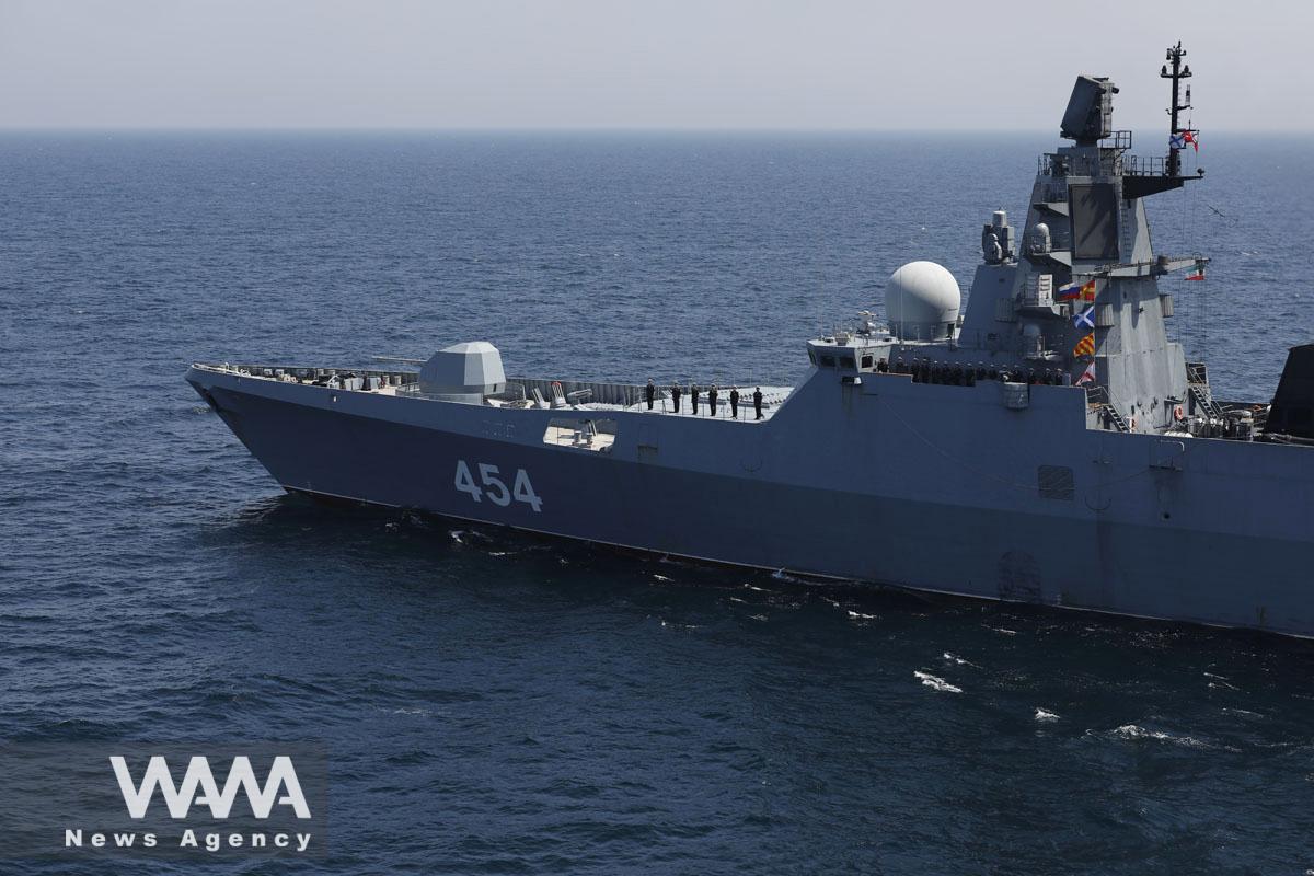 Members of the Russian Navy attend in the closing parade of a joint naval military drill between Iran, Russia, and China in the Gulf of Oman, Iran, in this picture obtained by Reuters on March 18, 2023. Iranian Army/WANA (West Asia News Agency)