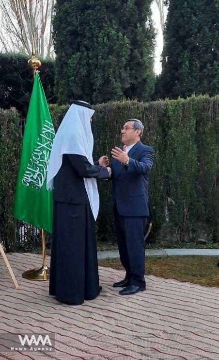 The Iranian ambassador, Hassan Ghashghavi, twith the Saudi ambassador, Azzam Abdelkarim Algain. Social media / WANA News Agency