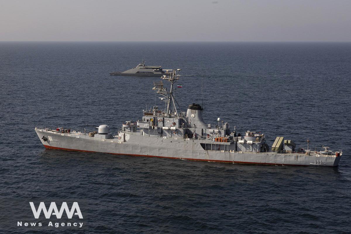 An Iranian warship is seen during a joint naval military drill between Iran, Russia, and China in the Gulf of Oman, Iran, in this picture obtained on March 17, 2023. Iranian Army/WANA (West Asia News Agency)