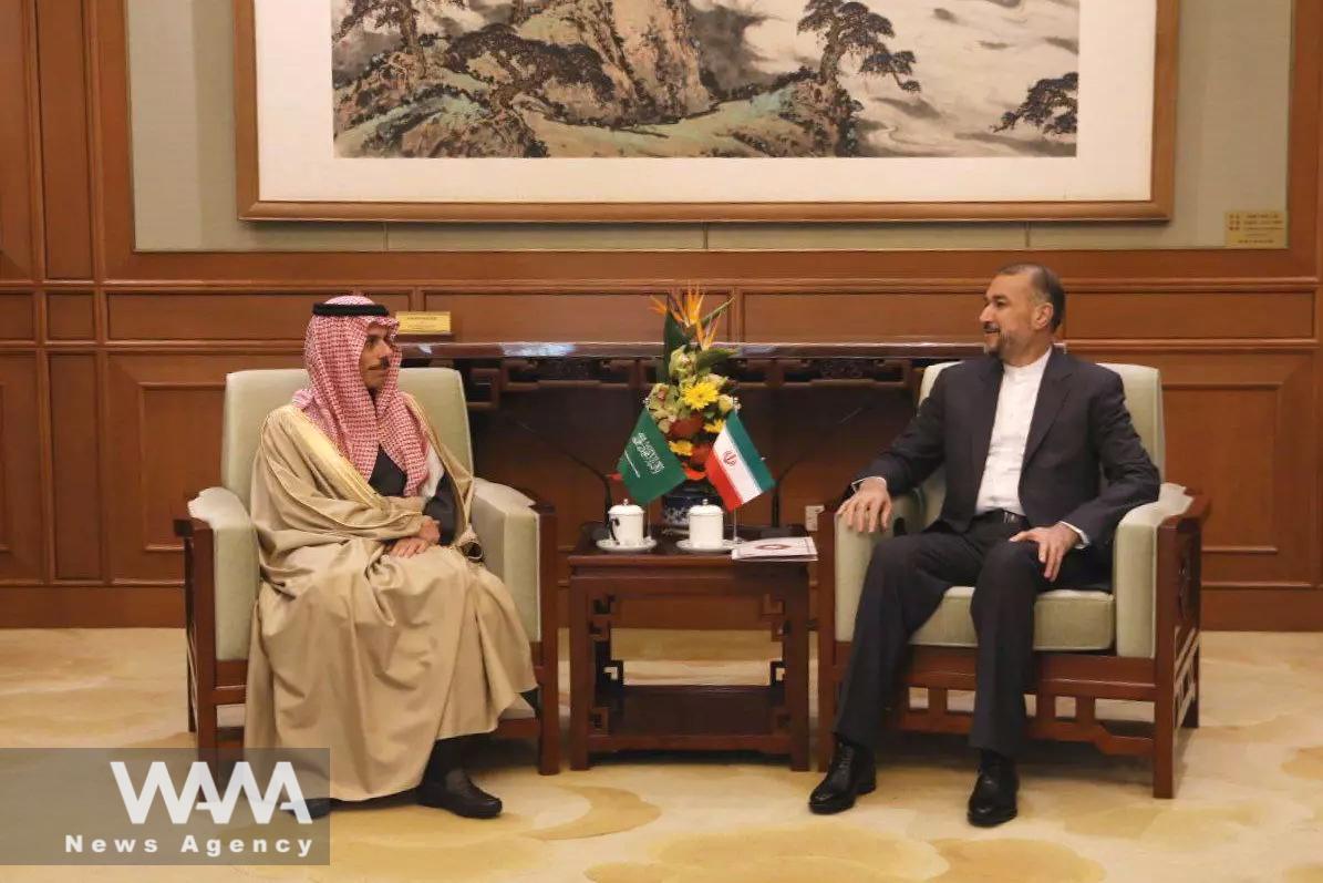 Iranian Foreign Minister Hossein Amir-Abdollahian meet with Saudi Arabia's Foreign Minister Prince Faisal bin Farhan Al Saud in Beijing, China, April 6, 2023. Iran's Foreign Ministry/WANA (West Asia News Agency)