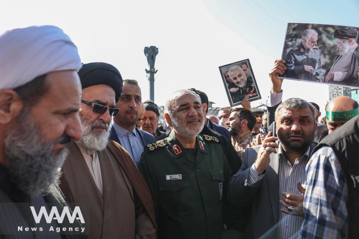 Islamic Revolutionary Guard Corps (IRGC) Commander-in-Chief Major General Hossein Salami, attends the funeral ceremony of Milad Heydari and Meghdad Mahghani, members of Iran's Islamic Revolution Guards Corps (IRGC) who were killed in an Israeli airstrike on Damascus, held in Tehran, Iran, April 4, 2023. Majid Asgaripour/WANA (West Asia News Agency)