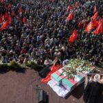 Iranians gather during the funeral ceremony of Milad Heydari and Meghdad Mahghani, members of Iran's Islamic Revolution Guards Corps (IRGC) who were killed in an Israeli airstrike on Damascus, held in Tehran, Iran, April 4, 2023. Majid Asgaripour/WANA (West Asia News Agency)