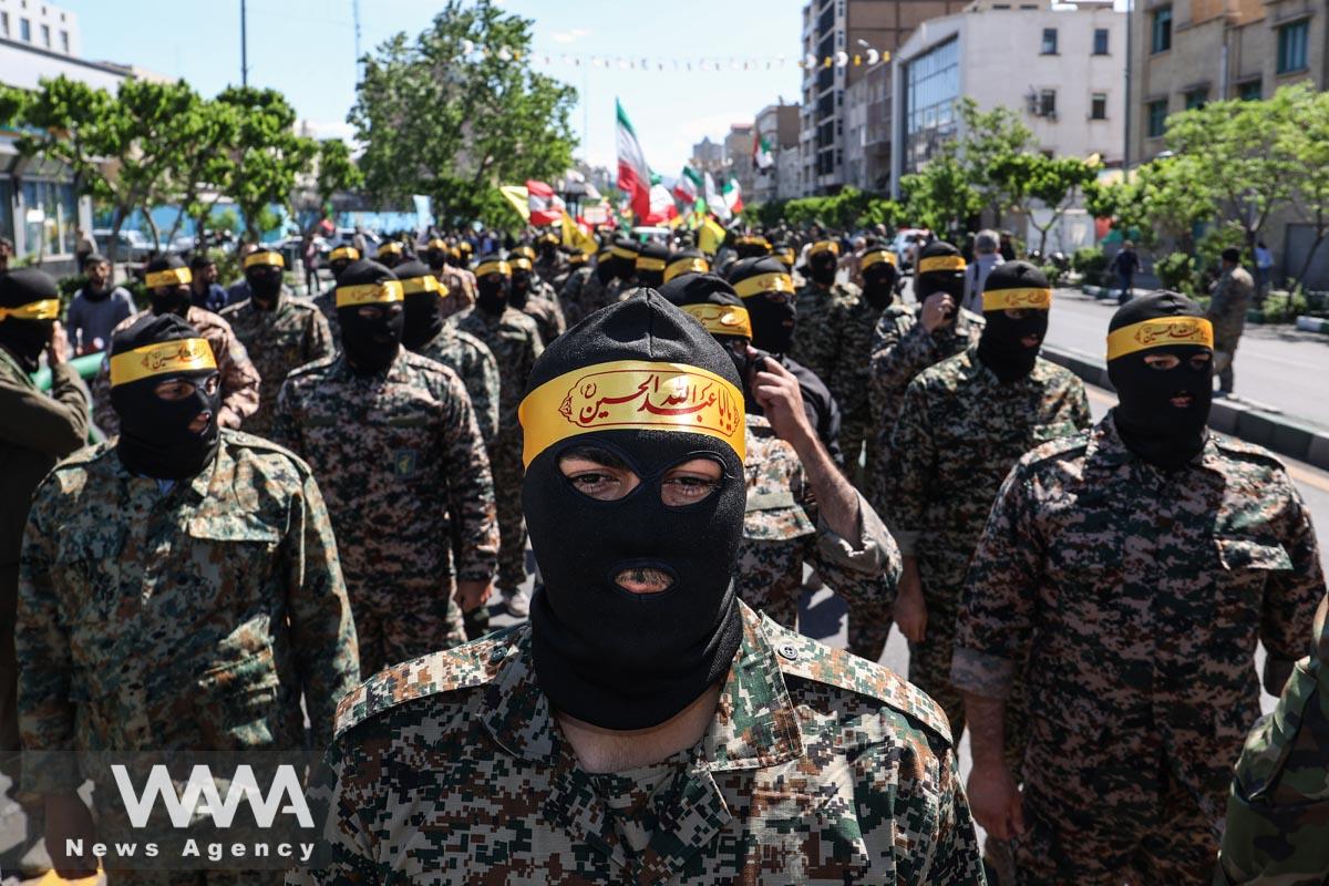 Members of a special IRGC force attend a rally marking the annual Quds Day, or Jerusalem Day, on the last Friday of the holy month of Ramadan in Tehran, Iran April 14, 2023. Majid Asgaripour/WANA (West Asia News Agency)