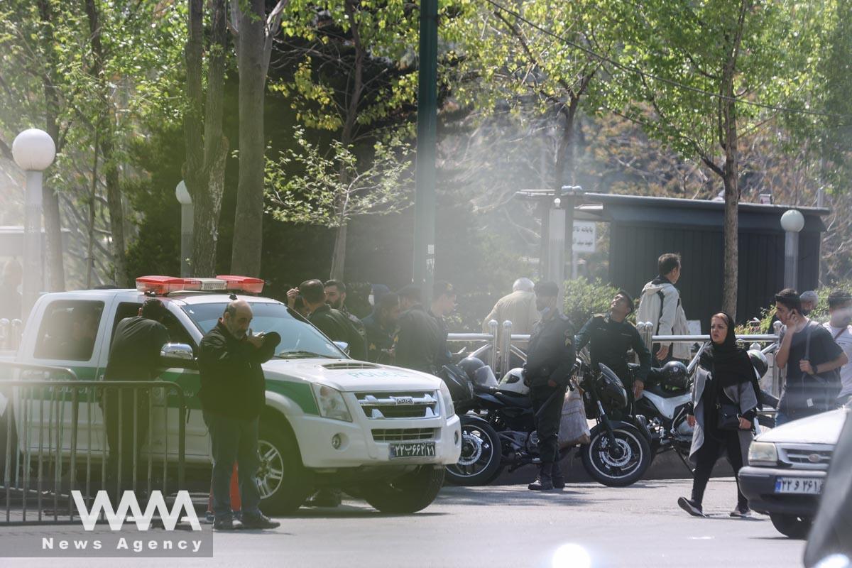 Iran's police forces stand in a street amid the implementation of new hijab surveillance in Tehran, Iran, April 15, 2023. Majid Asgaripour/WANA (West Asia News Agency)
