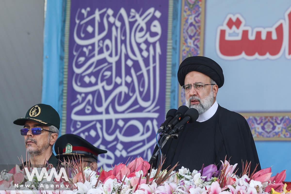 Iranian President Ebrahim Raisi delivers a speech during the ceremony of the National Army Day parade in Tehran, Iran, April 18, 2023. Majid Asgaripour/WANA (West Asia News Agency)