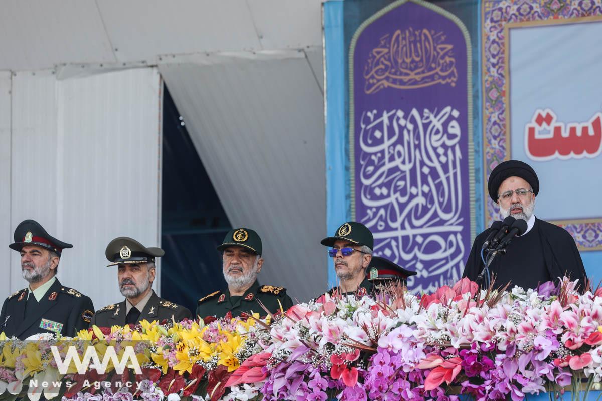 Iranian President Ebrahim Raisi delivers a speech during the ceremony of the National Army Day parade in Tehran, Iran, April 18, 2023. Majid Asgaripour/WANA (West Asia News Agency)