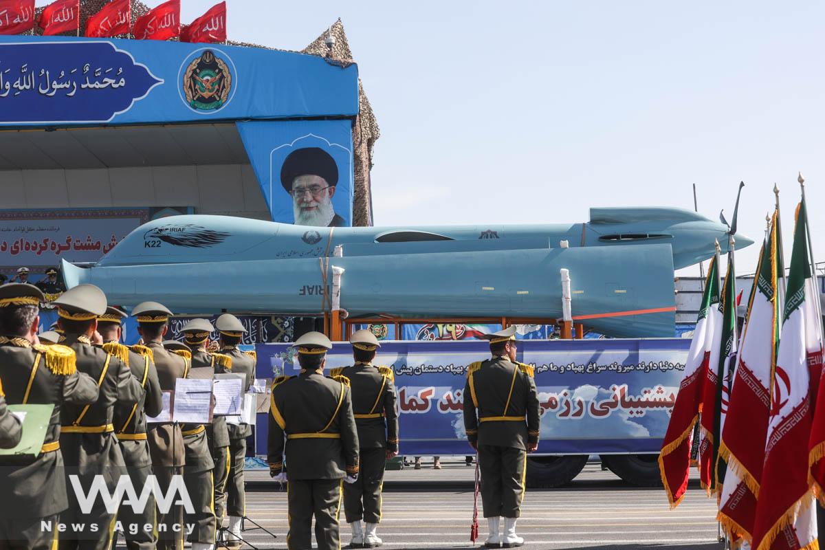 An Iranian drone is seen during a ceremony of the National Army Day parade in Tehran, Iran, April 18, 2023. Majid Asgaripour/WANA (West Asia News Agency)