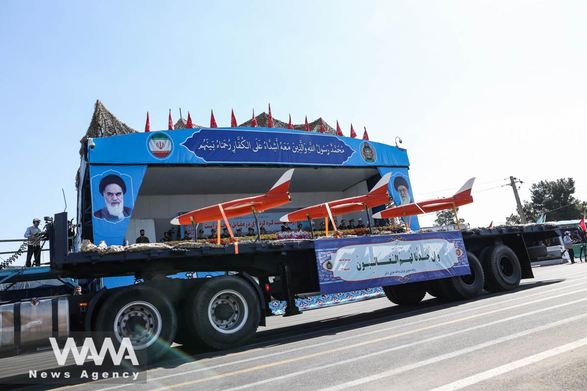 Iranian drones are seen during a ceremony of the National Army Day parade in Tehran, Iran, April 18, 2023. Majid Asgaripour/WANA (West Asia News Agency)