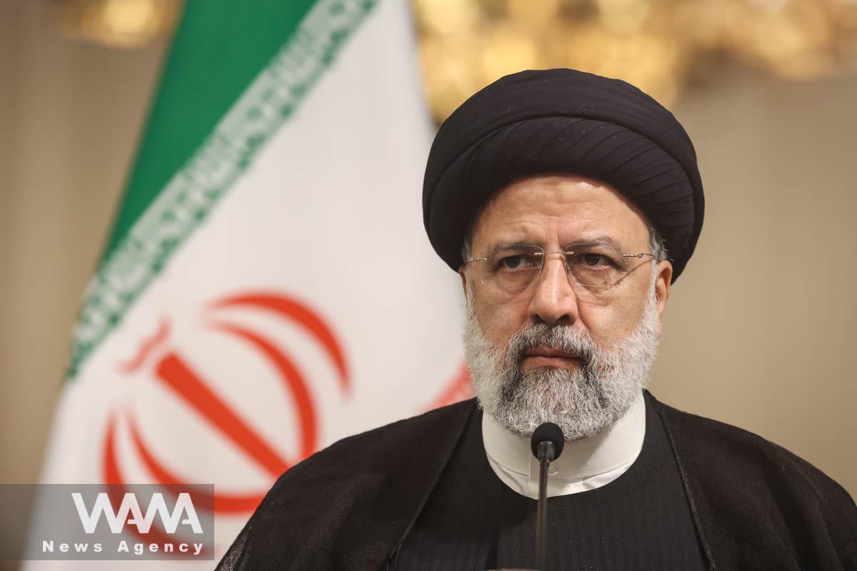 Iranian President Ebrahim Raisi attends a news conference with Iraqi President Abdul Latif Rashid (not pictured) in Tehran, Iran, April 29, 2023. Majid Asgaripour/WANA (West Asia News Agency)