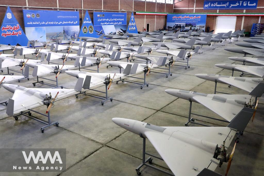 Drones are seen at a site at an undisclosed location in Iran, in this handout image obtained on April 20, 2023. Iranian Army/WANA (West Asia News Agency)