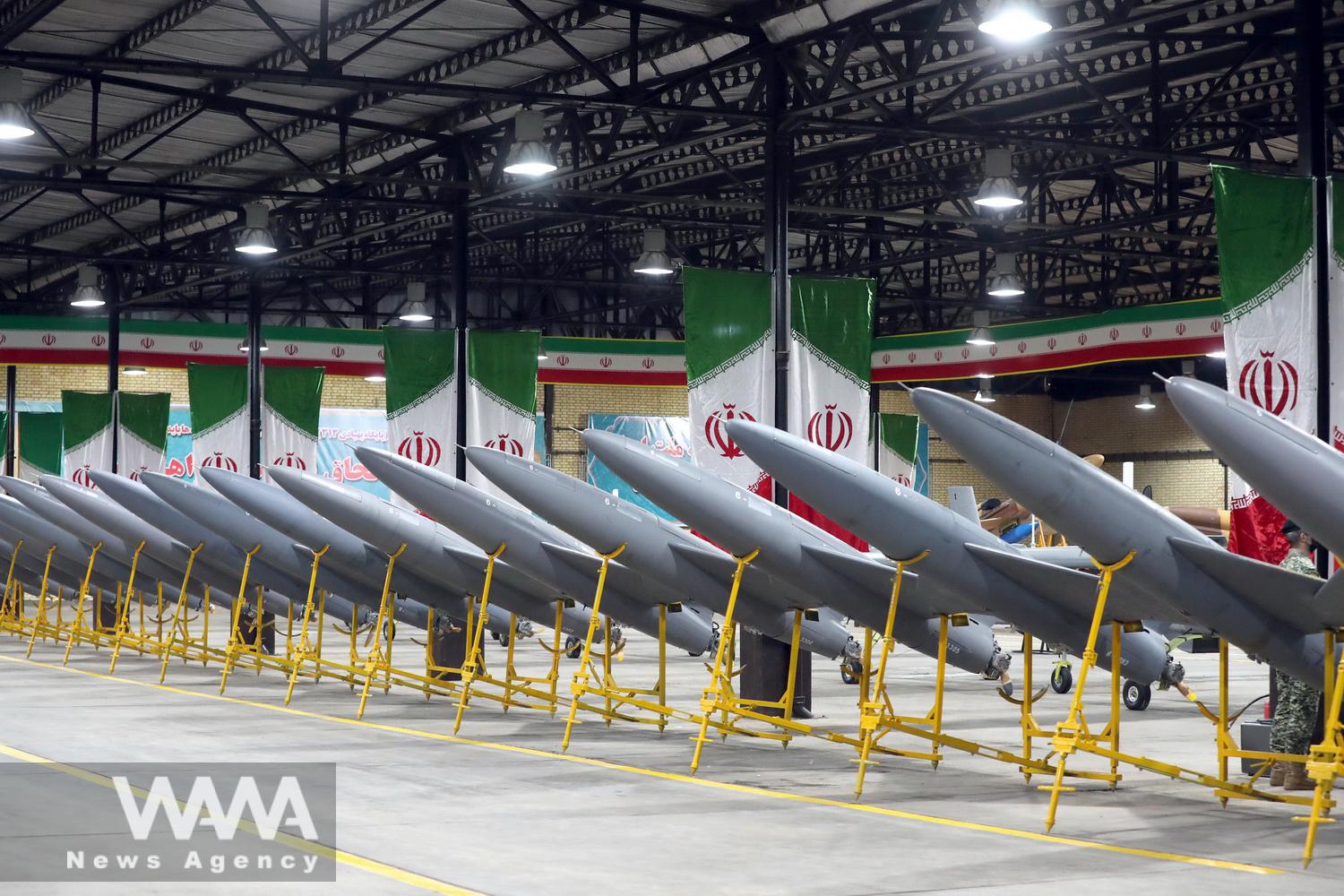 Drones are seen at a site at an undisclosed location in Iran, in this handout image obtained on April 20, 2023. Iranian Army/WANA (West Asia News Agency)