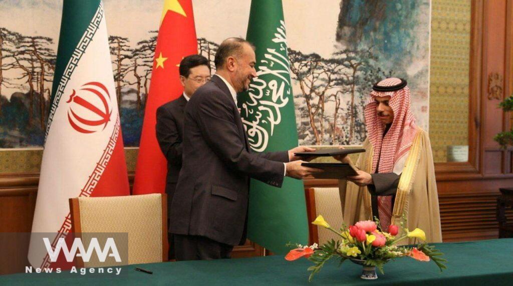 Iranian Foreign Minister Hossein Amir-Abdollahian and Saudi Arabia's Foreign Minister Prince Faisal bin Farhan Al Saud attend a ceremony to sign a memorandum of understanding in Beijing, China, April 6, 2023. Iran's Foreign Ministry/WANA (West Asia News Agency)