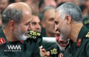 Iran's new Secretary of the Supreme National Security Council Ali Akbar Ahmadian is seen next to the late Iranian Major-General Qasem Soleimani during a meeting in Tehran, Iran, in this picture obtained on May 22, 2023. Office of the Iranian Supreme Leader/WANA (West Asia News Agency)