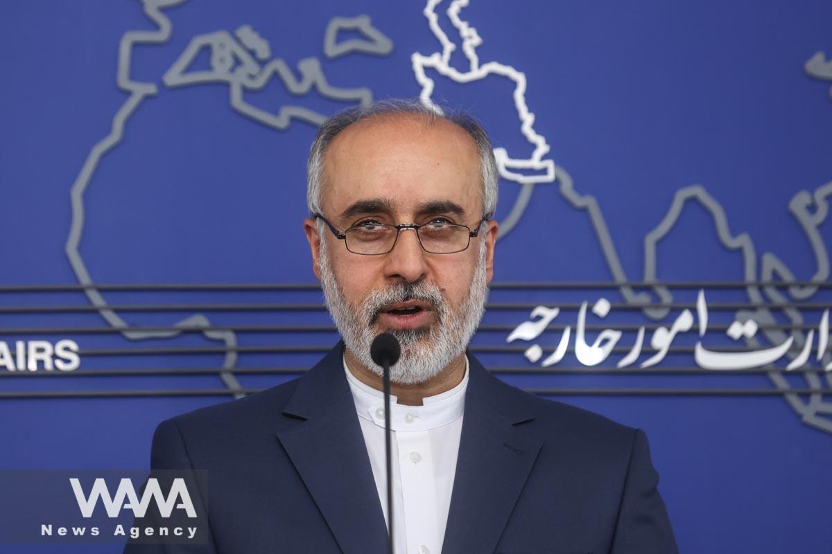 Iranian Foreign Ministry Spokesman Naser Kanaani speaks in his weekly press conference in Tehran, Iran, May 8, 2023. Majid Asgaripour/WANA (West Asia News Agency)