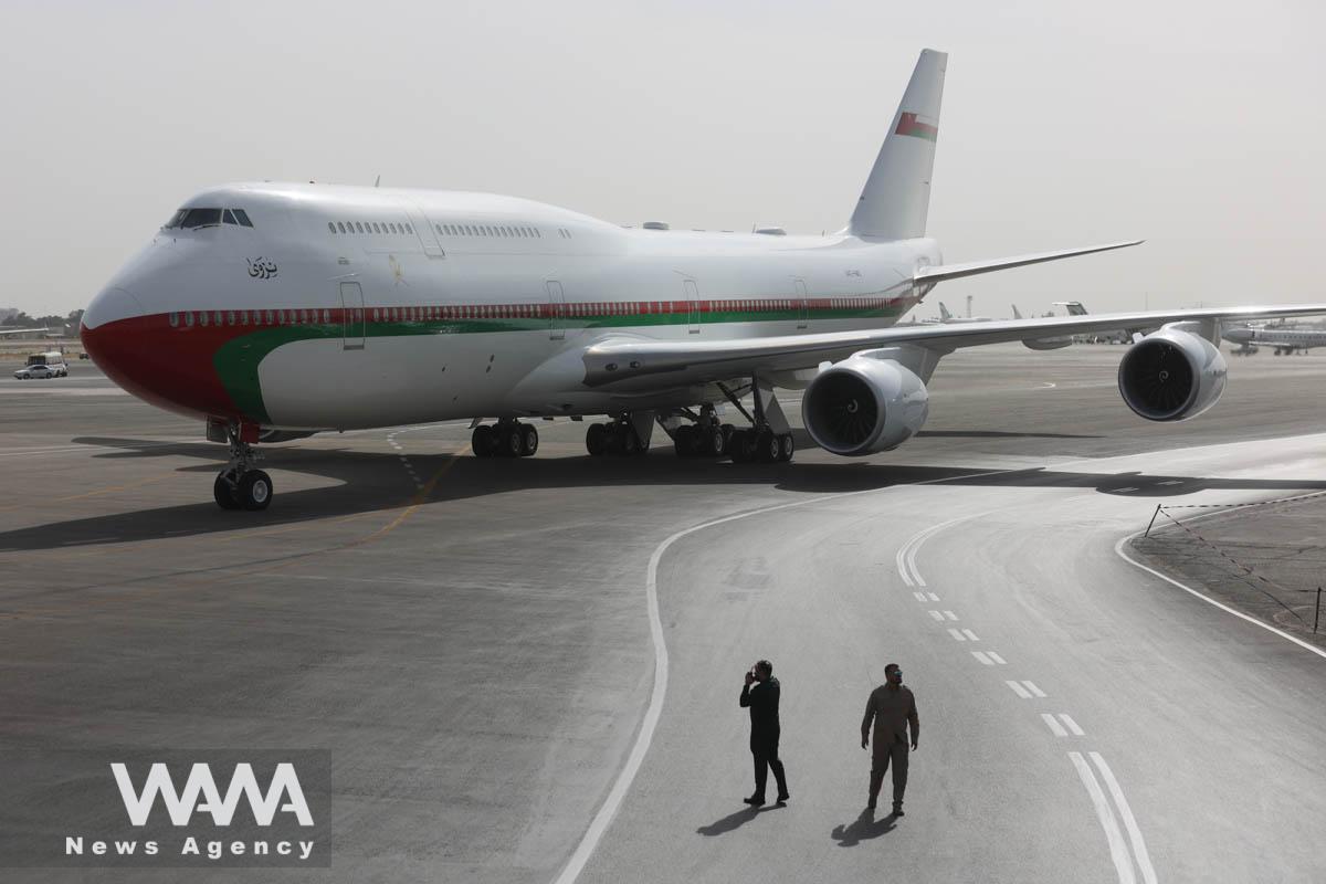 The plane of Oman's Sultan Haitham bin Tariq is seen at Mehrabad Airport in Tehran, Iran May 28, 2023. Majid Asgaripour/WANA (West Asia News Agency)