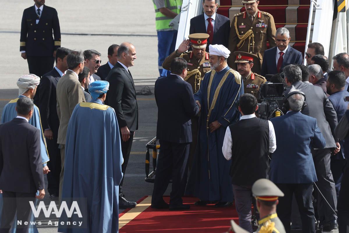 Iran's First Vice President Mohammad Mokhber welcomes Oman's Sultan Haitham bin Tariq upon his arrival at Mehrabad Airport in Tehran, Iran May 28, 2023. Majid Asgaripour/WANA (West Asia News Agency)