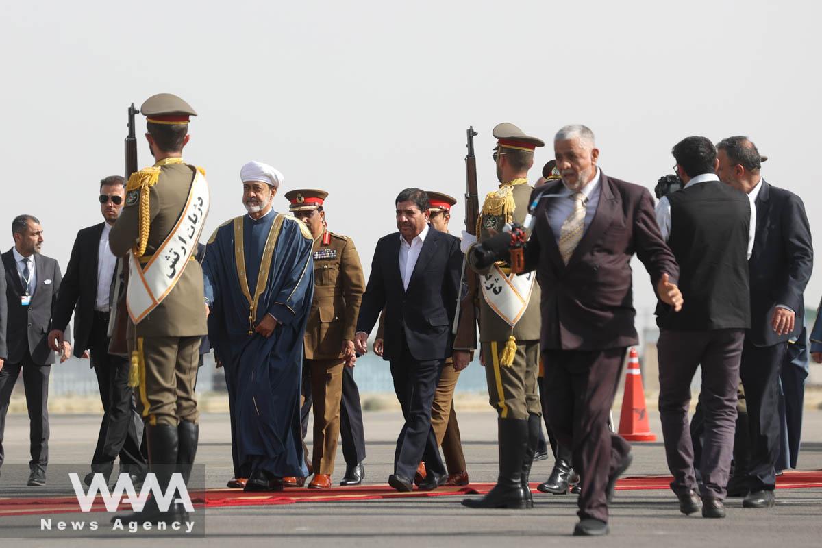 Iran's First Vice President Mohammad Mokhber welcomes Oman's Sultan Haitham bin Tariq upon his arrival at Mehrabad Airport in Tehran, Iran May 28, 2023. Majid Asgaripour/WANA (West Asia News Agency)