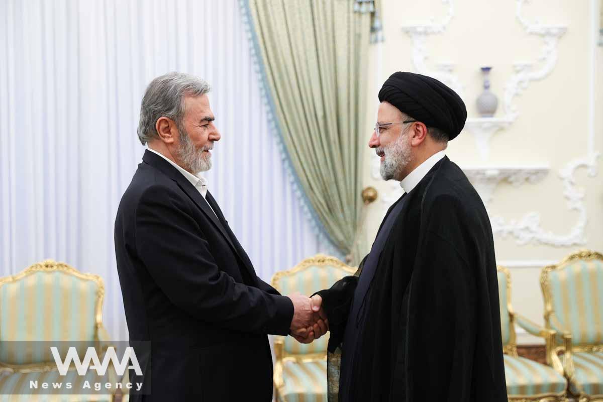 Iranian President Ebrahim Raisi meets with the Secretary-General of the Palestinian Islamic Jihad Movement, Ziyad al-Nakhalah, in Tehran, Iran June 19, 2023. Iran's Presidency/WANA (West Asia News Agency)