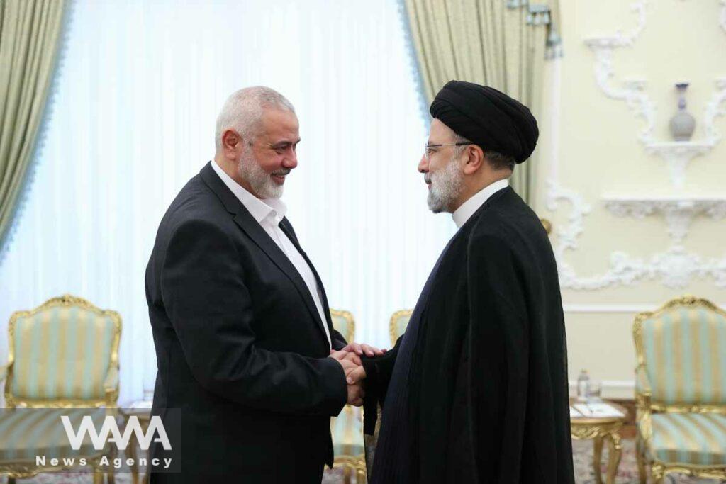 Iranian President Ebrahim Raisi meets Palestinian group Hamas' top leader, Ismail Haniyeh, in Tehran, Iran June 20, 2023. Iran's Presidency/WANA (West Asia News Agency)