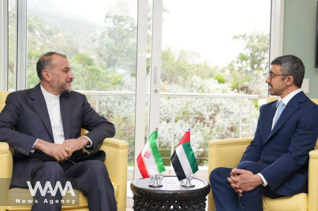 Iranian Foreign Minister Hossein Amir-Abdollahian meets with UAE Foreign Minister Abdullah bin Zayed in Cape Town, South Africa, June 2, 2023. Iran's Foreign Ministry/WANA (West Asia News Agency)