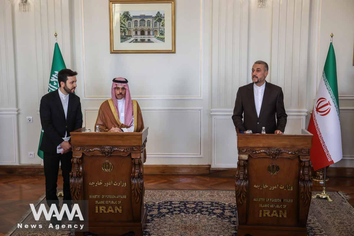 Iranian Foreign Minister Hossein Amir-Abdollahian and Saudi Arabia's Foreign Minister Prince Faisal bin Farhan Al Saud attend a joint news conference, in Tehran, Iran June 17, 2023. Majid Asgaripour/WANA (West Asia News Agency)