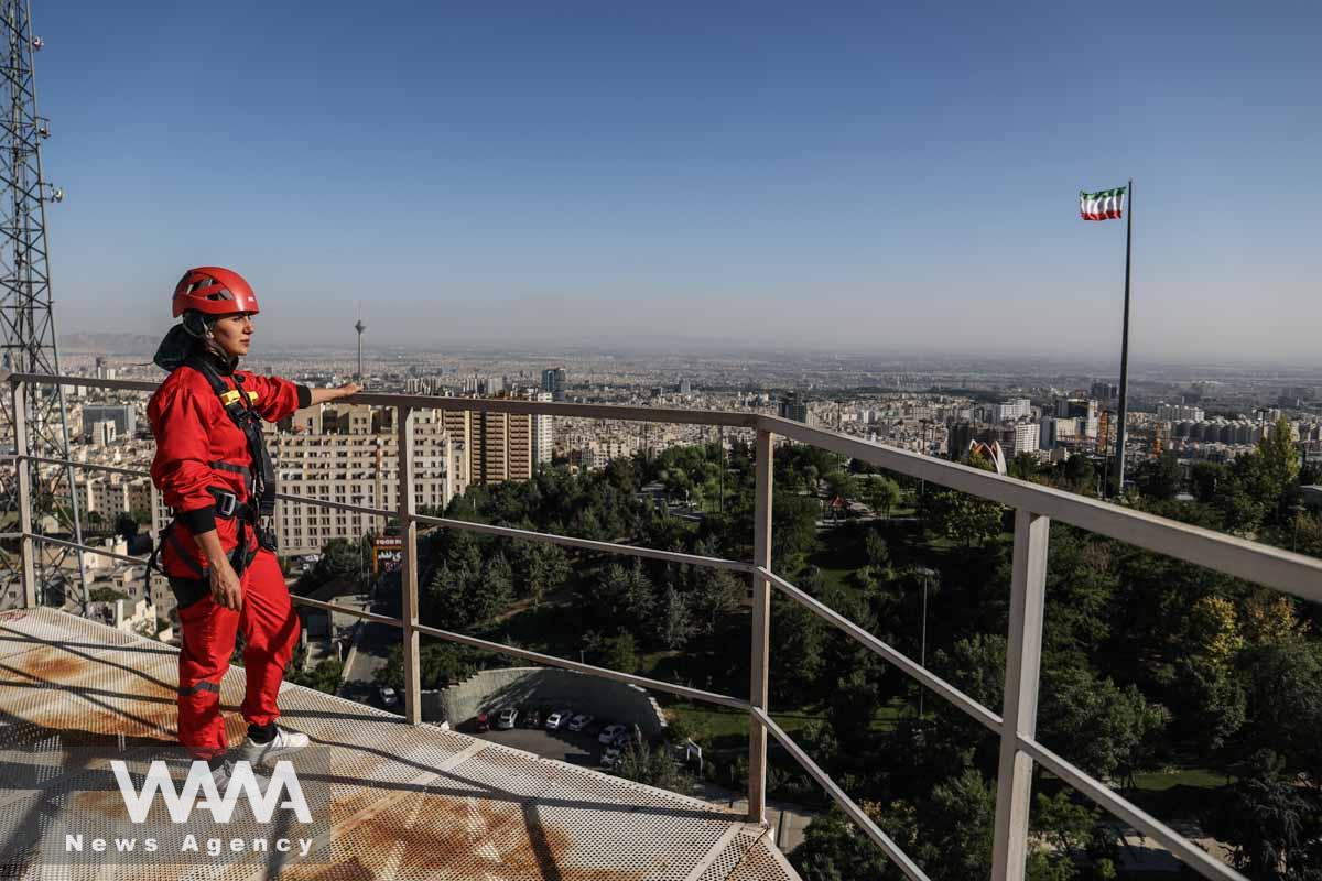 An Iranian female Sogand Salari is seen during her bungee-jumping experience, at Adrenaline Park in Tehran, Iran June 21, 2023. Majid Asgaripour/WANA (West Asia News Agency)