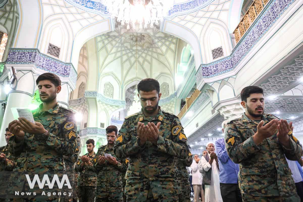 Iranian police forces pray on Eid al-Adha at the shrine of Abdol-Azim in Tehran, Iran June 29, 2023. Majid Asgaripour/WANA (West Asia News Agency)